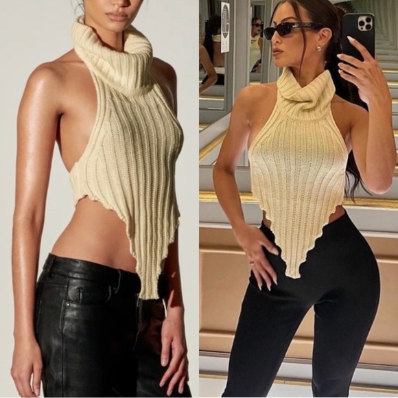 Local European Sweaters - LOCAL EUROPEAN Saro Cream Knit Open Back Turtleneck Sweater Top